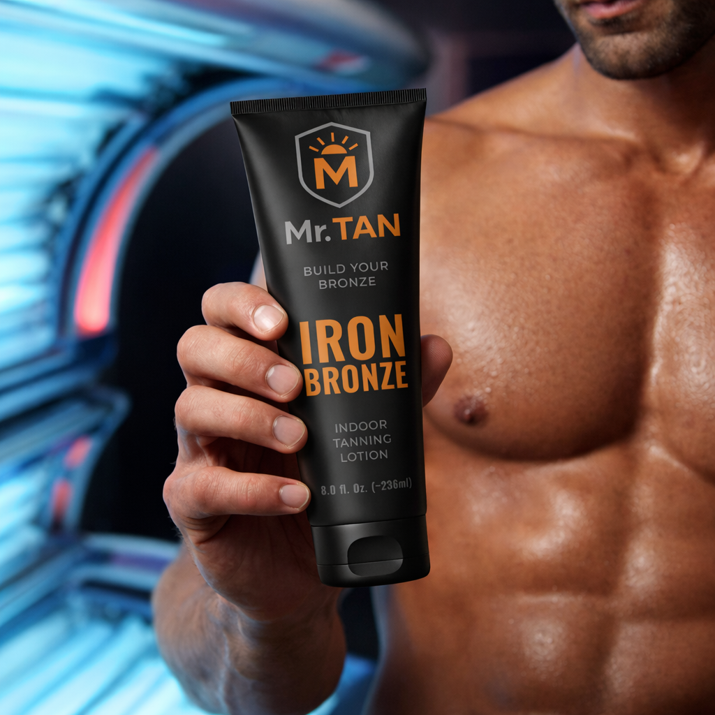 Man Holding Iron Bronze Tanning Lotion Near Tanning Bed