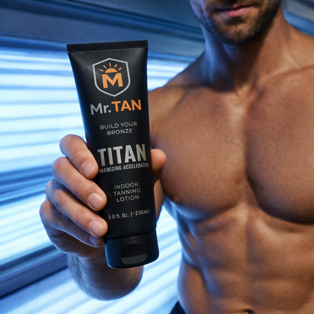 Man Holding Titan Tanning Accelerator Lotion