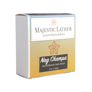 Majestic Lather Nag Champa Handmade Bar Soap Close Up Box